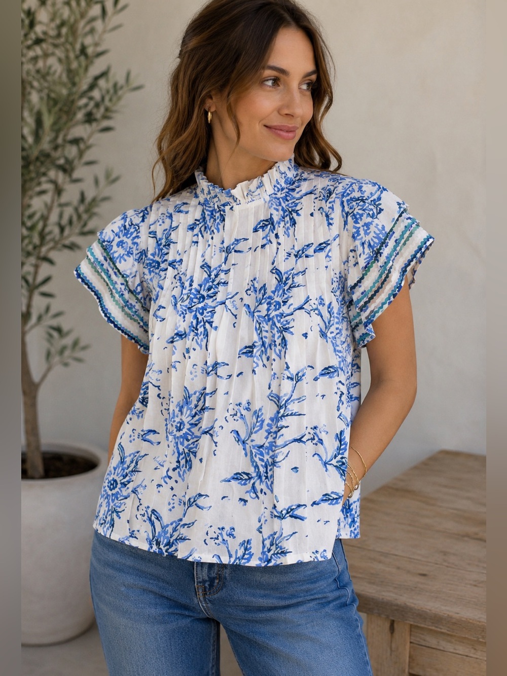 Sohana Flutter Top Blue White Floral Pintuck Ruffle Neck Cotton Blouse size XS